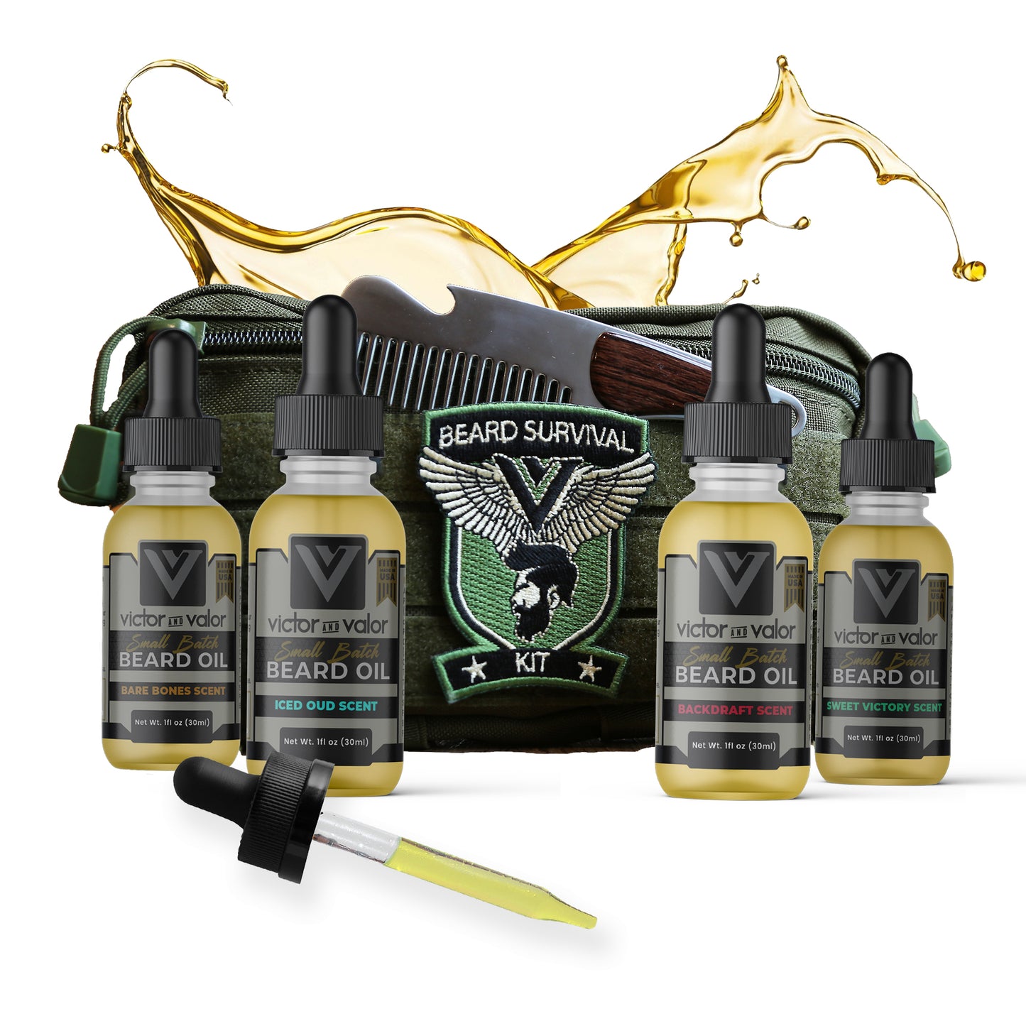Beard Oil Survival Kit - Variety Trial Gift Set - Includes Four Beard Oils, Beard Comb and Tactical Toiletry DOPP Bag with Patch.