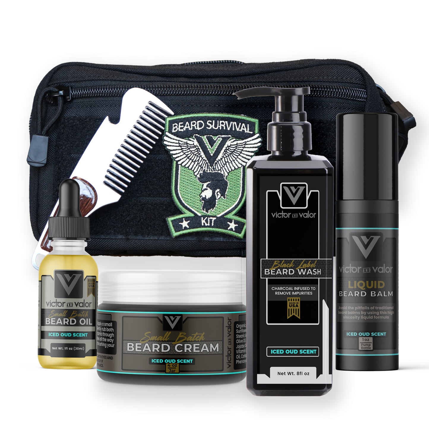 Beard Survival Kit - Gift Set (Iced Oud Scent) - Comb and Tactical Toiletry DOPP Bag Included