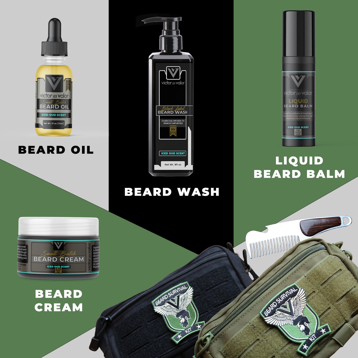 Beard Survival Kit - Gift Set (Iced Oud Scent) - Comb and Tactical Toiletry DOPP Bag Included