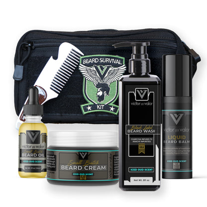 Beard Survival Kit - Gift Set (Iced Oud Scent) - Comb and Tactical Toiletry DOPP Bag Included